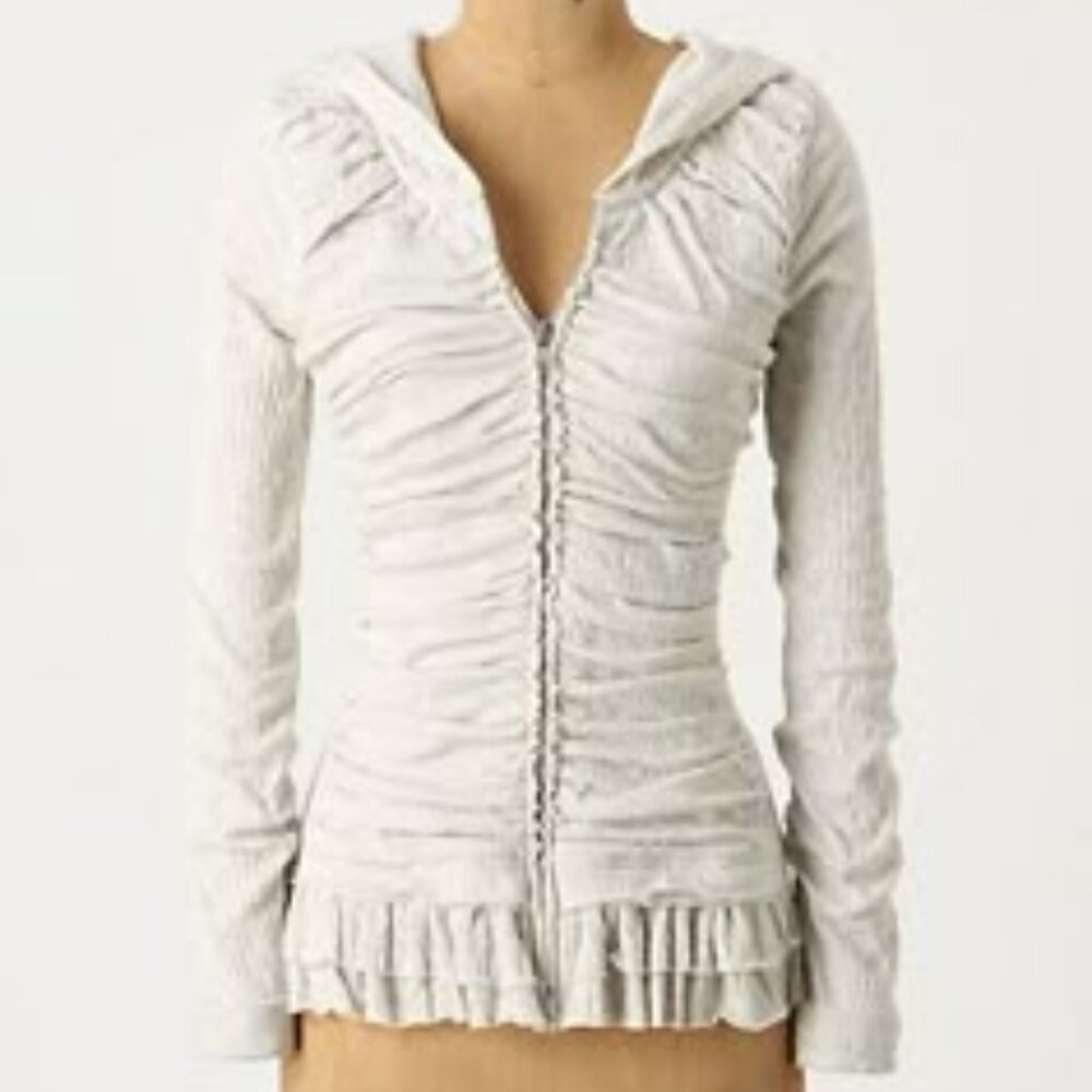 Pure + Good Ruffled Ruched Zip Hoodie in Light Grey/Oatmeal, Size Medium